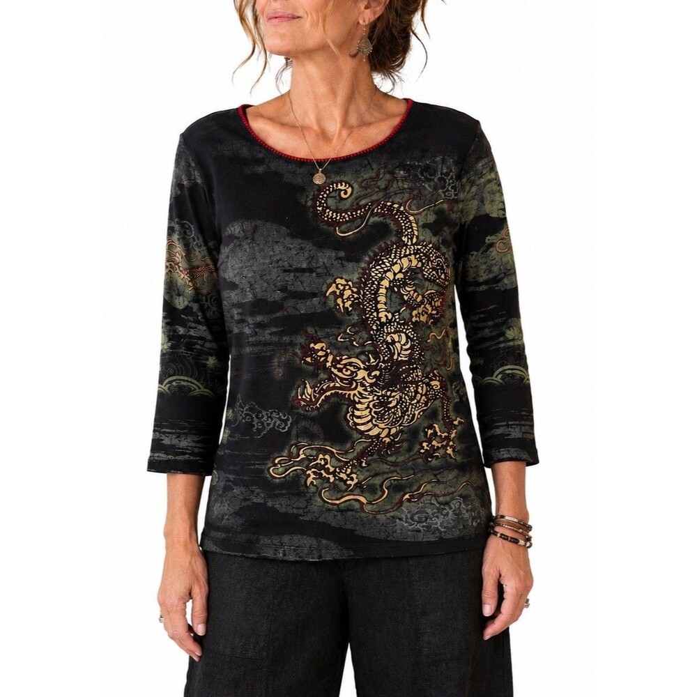 Vintage 90s Y2K Katina Marie Top 3/4 Sleeve Dragon Asian  Inspired Size Medium
